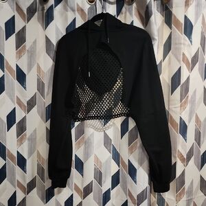 SHEIN Black Cropped Mesh Hoodie